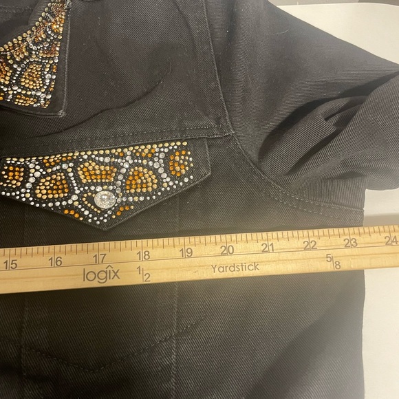Size XL Black Denim Jean Jacket Animal Print  Embellished Bling Collar - Picture 9 of 11
